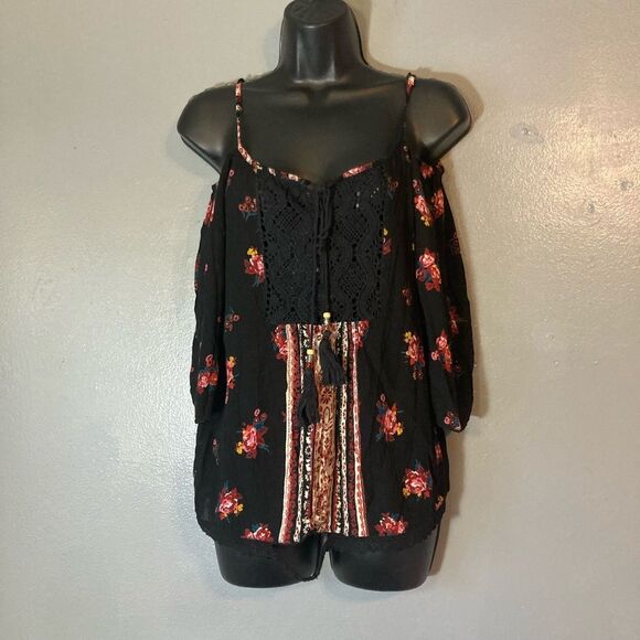 Angie Tops - Angie Black Floral Cold Shoulder Blouse